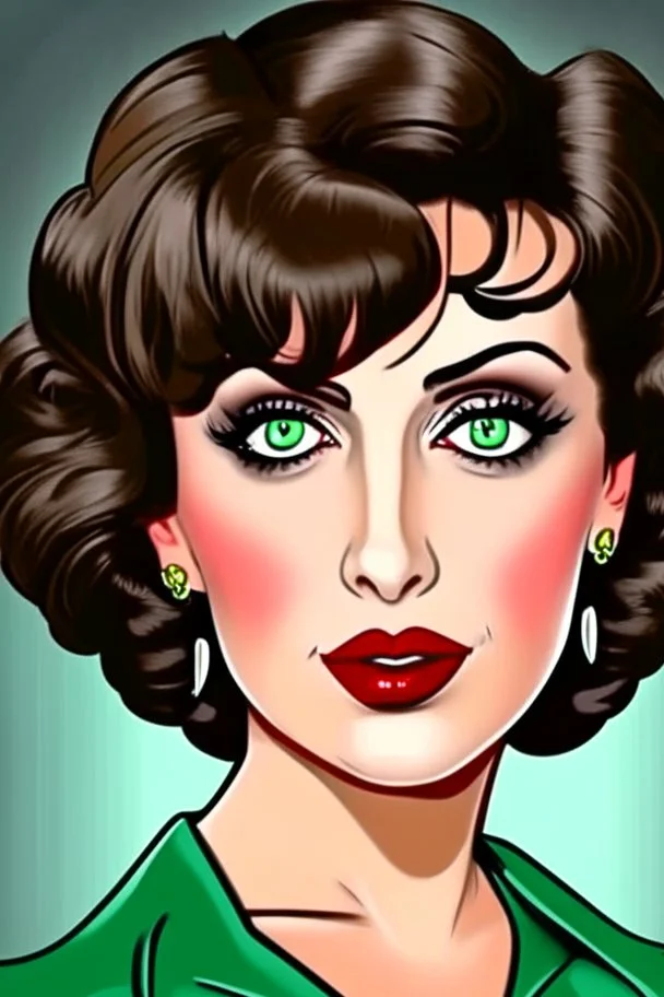 cartoon portrait of a sexy European lady with short brown hair and makeup, seductive, smoky green-gray eyes, pouty bright red cocksucker lips
