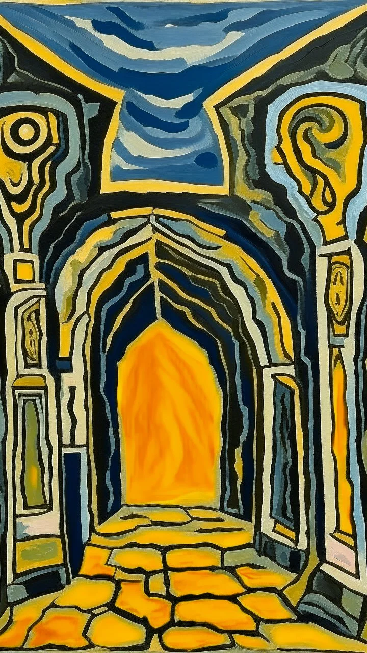 point of view of the entrance gate of hell in the style of George braque