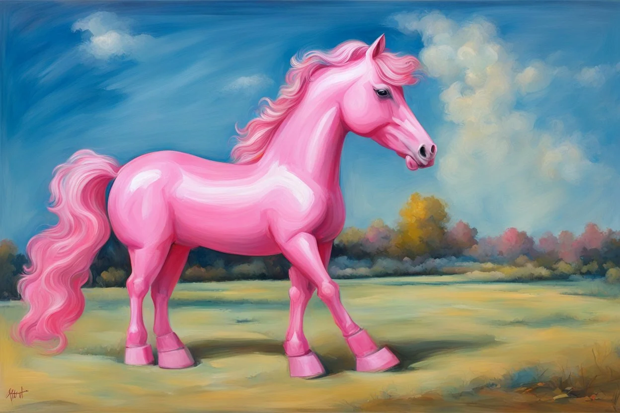 Big pink plastic toy horse.19th painting