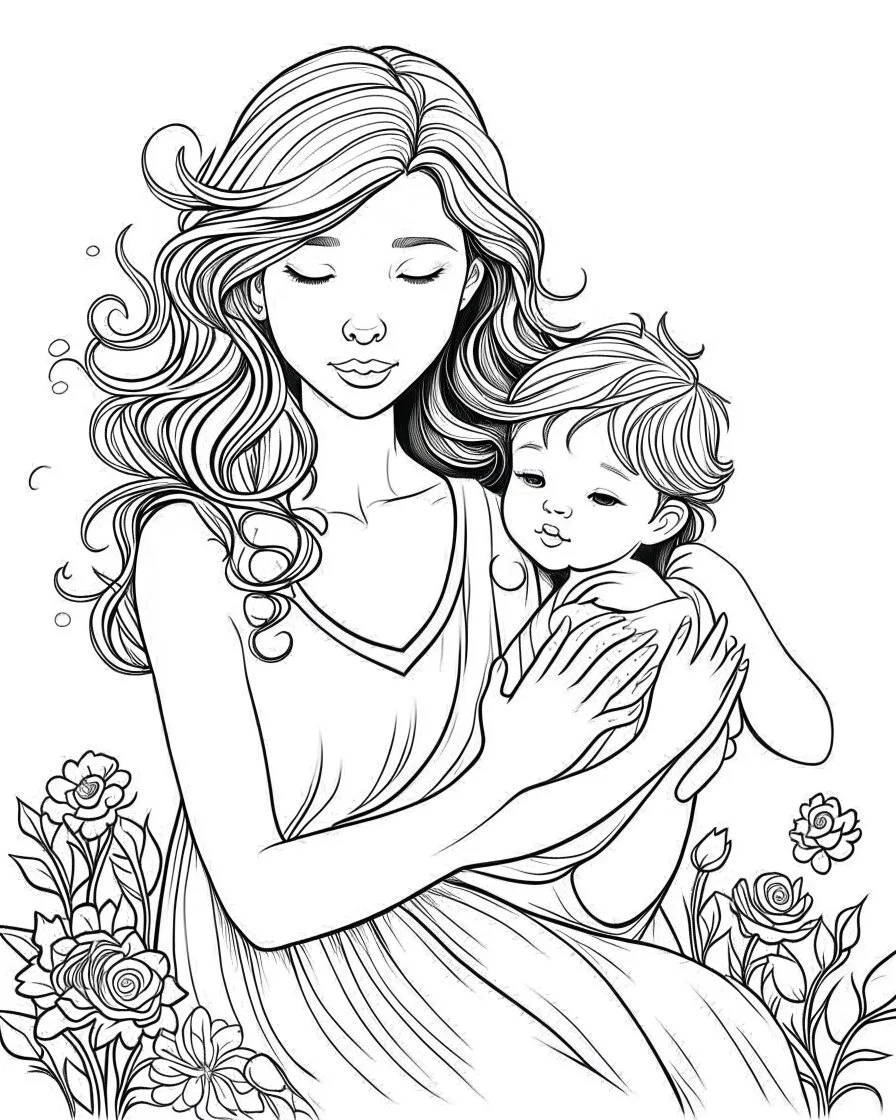 real mother coloring pages, no black color, no no flower, b/w outline art for kids coloring book page, Kids coloring pages, full white, kids style, white background, whole body, Sketch style, full body (((((white background))))), only use the outline., cartoon style, line art, coloring book, clean line art, white background, Sketch style