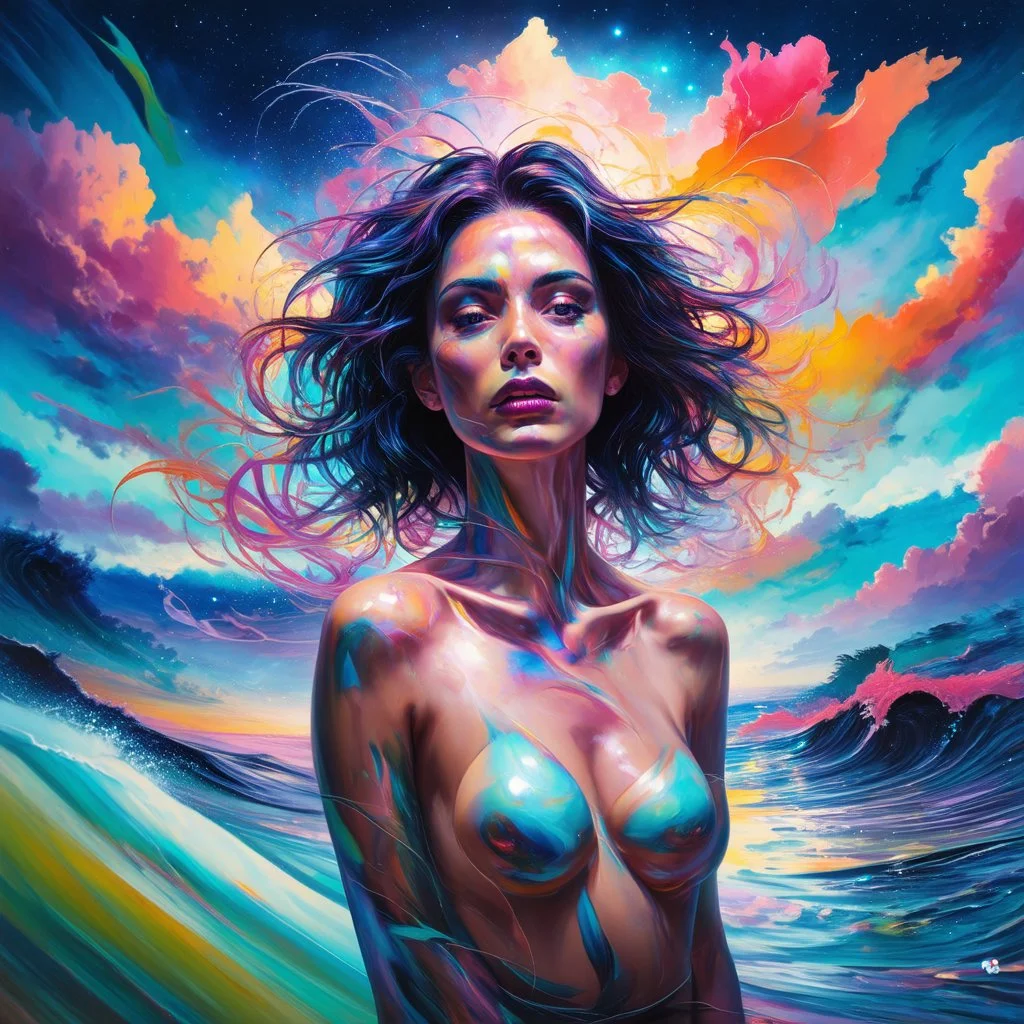 piece of album art with woman fusion with light, abstract style album cover, high level of noise and subtle texture, psychedelic cover, vibrant colors, ethereal sky landscape, shapes and waves.