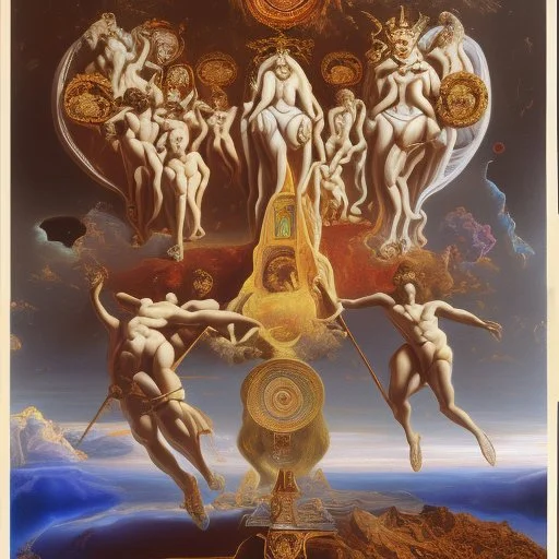 Ascencion of jresus among clouds with disciples on earth Salvador dali styles