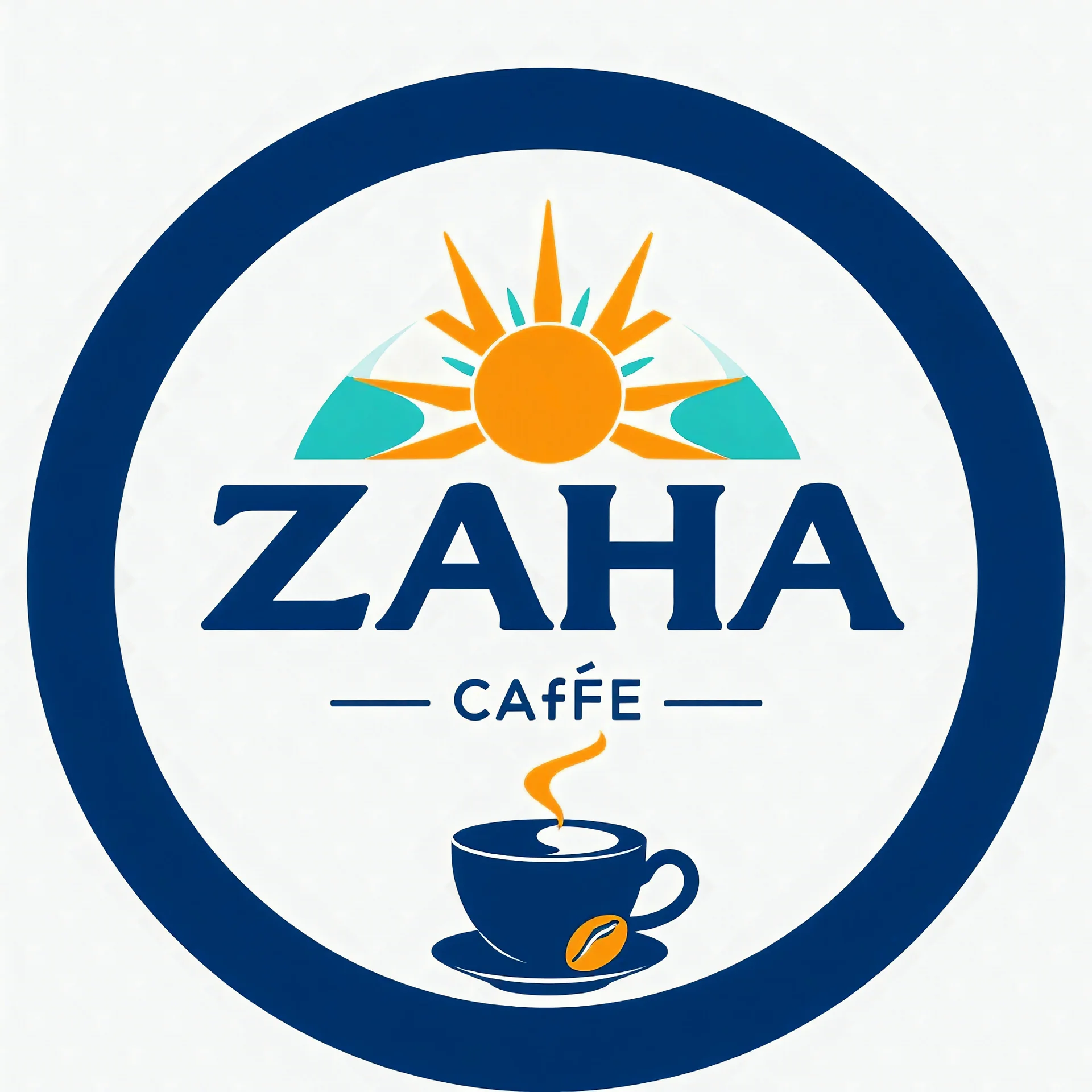 A circular logo with the name (ZAHA) designed for a cafe with the sun symbol and turquoise and indigo color and a coffee bean and a coffee cup at the bottom of the logo and a blue and black circle around the work