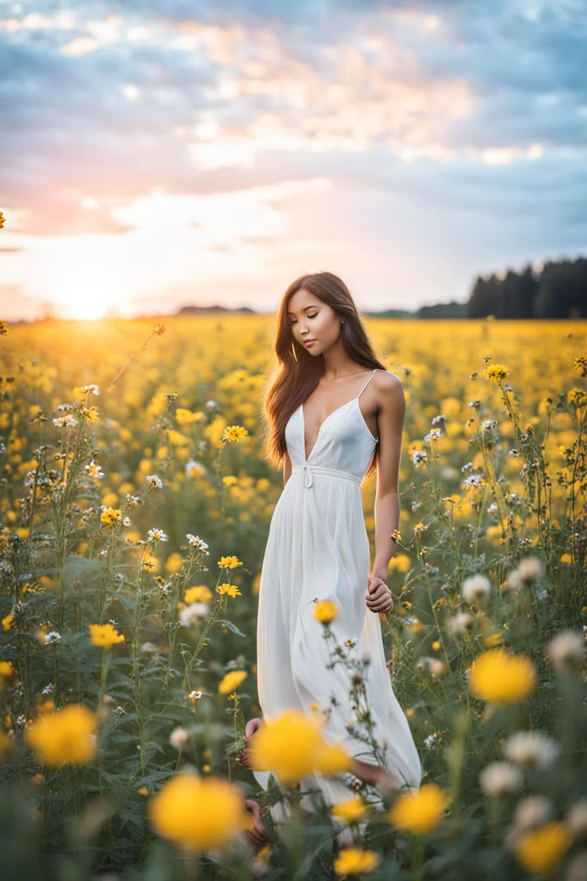 Young woman in flower field in the evening