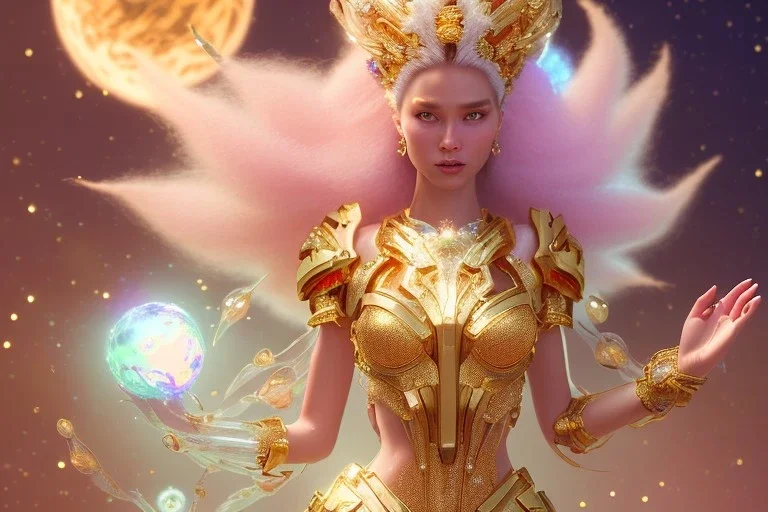 very beautiful cosmic crystal and gold goddess in a galactic ambiance, transparent petals, delicate colors, full of details, smooth, bright sunshine，soft light atmosphere, light effect，vaporwave colorful, concept art, smooth, extremely sharp detail, finely tuned detail, ultra high definition, 8 k, unreal engine 5, ultra sharp focus