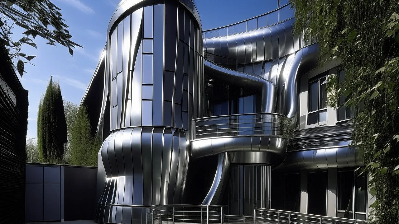 A minimal postmodern house featuring sleek metallic surfaces throughout its exterior and interior. The architectural design incorporates polished steel panels, chrome fixtures, and brushed aluminum elements. The structure's angular geometric forms and interconnected mechanical-like components reflect the distinctive biomechanical aesthetic associated with Hans Ruedi Giger's work. Multiple curved metallic pipes and tubes weave across the facade, while segmented metal panels create a distinctive p