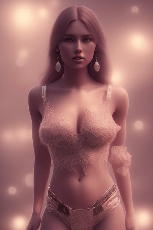 full body of A Young beauty model decorated in lace and crystals, octane render big breasts cleavage