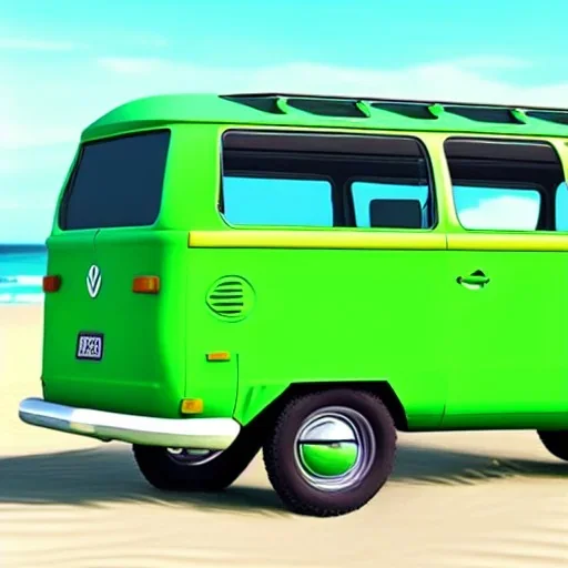 old Volkswagen partyvan, green color van, funny colored, partyvan on the beach, sunny beach, sunny weather, beach party, party people, party, realistic, ultra high quality, unreal engine, cinematic,