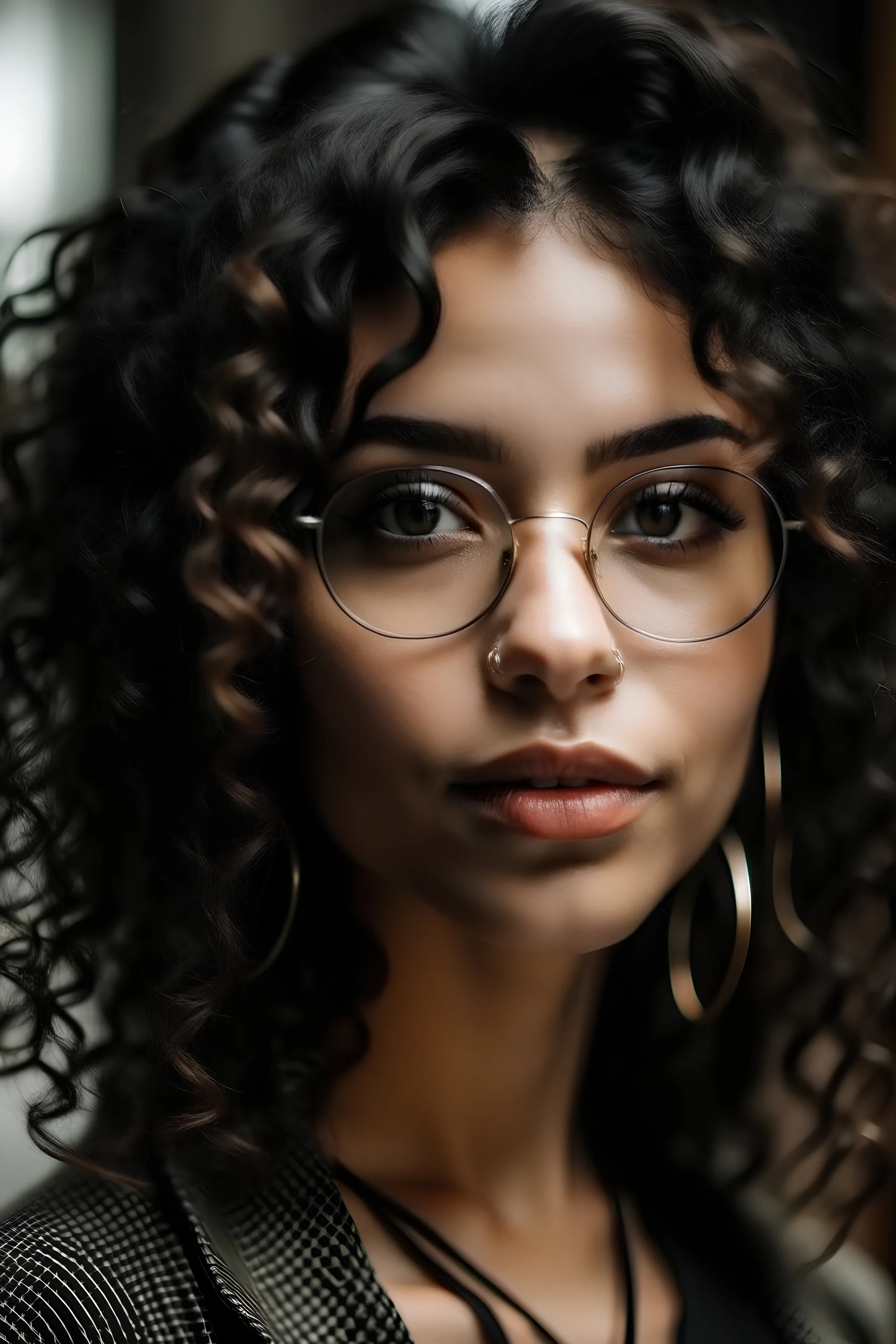 ein mädchen mit vielen schwarzen locken mit silberohrringen und braunen augen und einer schwarzen dicken brille