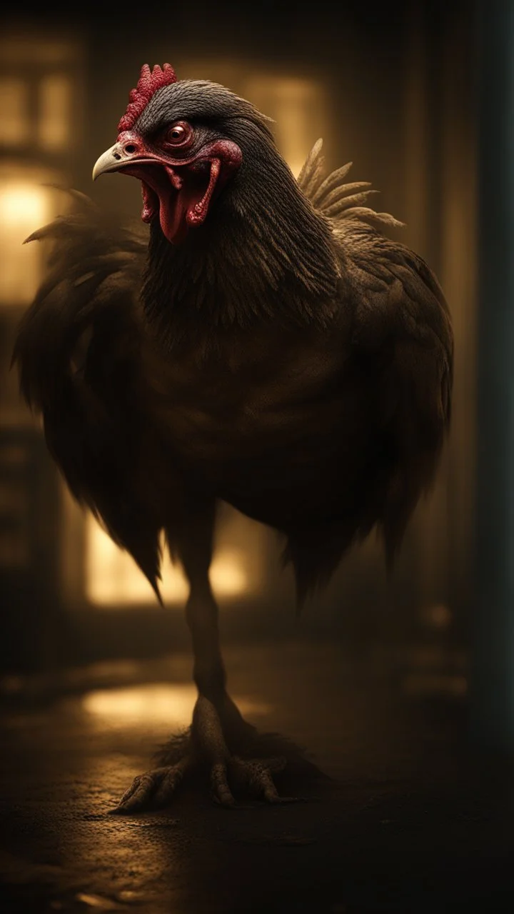 chicken monster with eerie lighting and a haunting atmosphere , photo / ultra realistic."