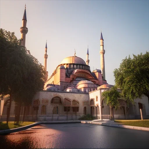 Sultanahmet cami spring, sunset, blue and sky, realistic, unreal engine 5, octane render, cinema4d