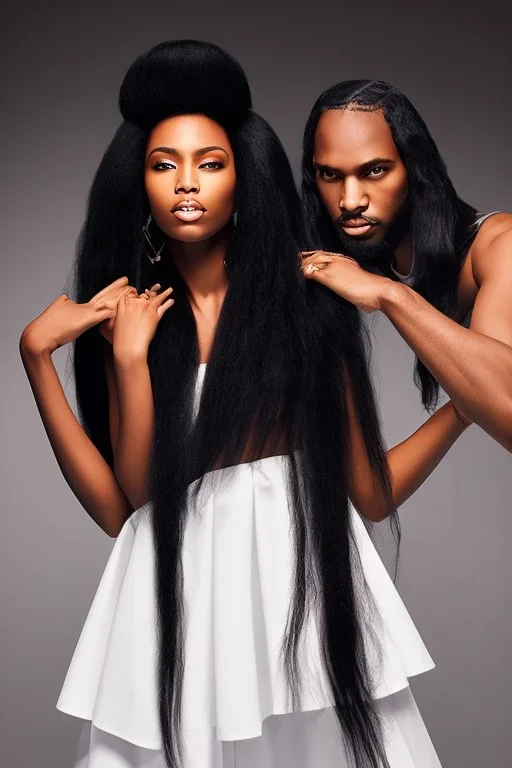 A portrait of a Beautiful black woman with long black hair standing next to twin brother with an angered expression