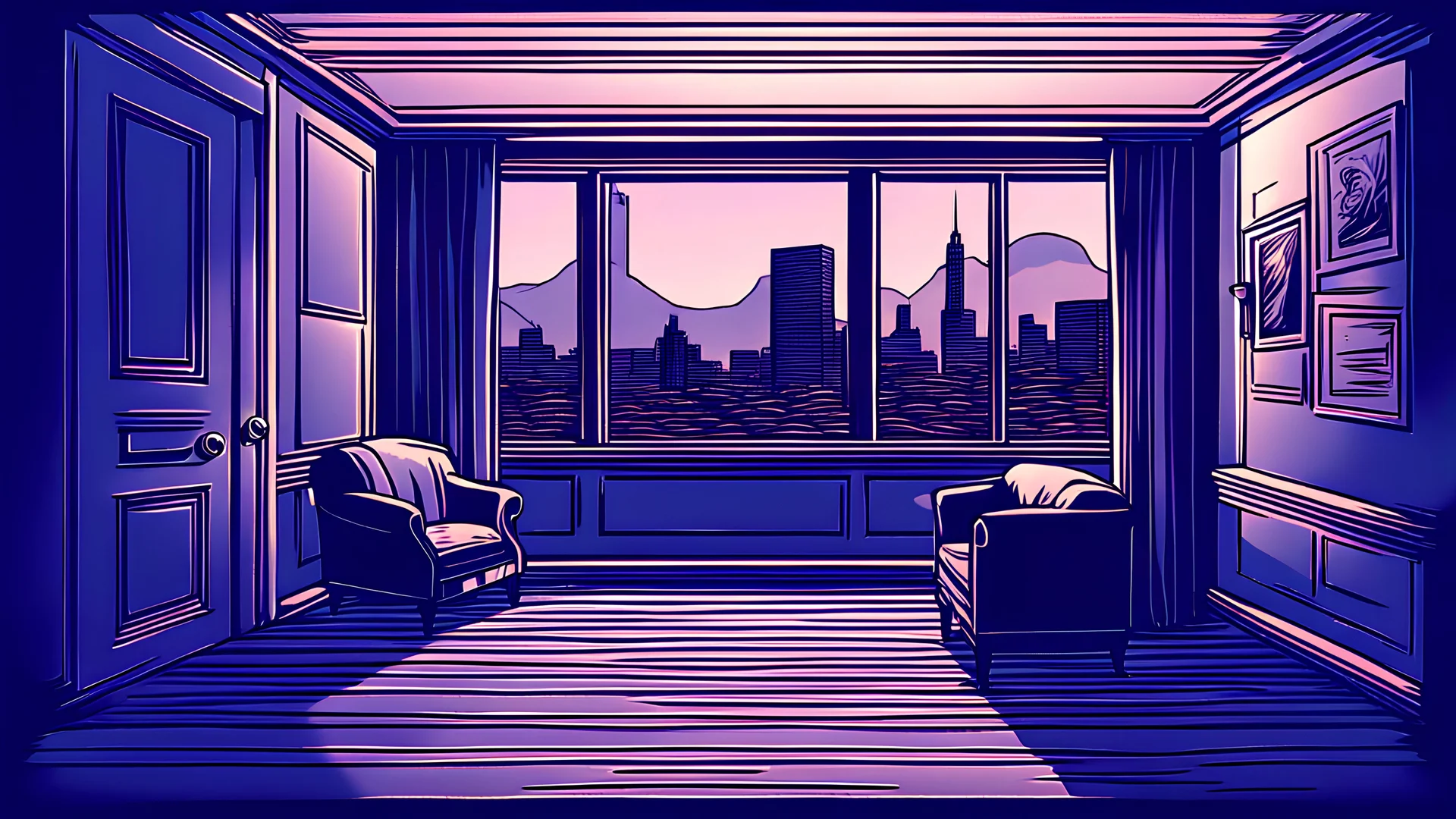 a dimly lit room in the illustration medium and in the style of comic book which inspired by works of James Montgomery Flagg, and blue color scheme and the view is front view in the era of ancient