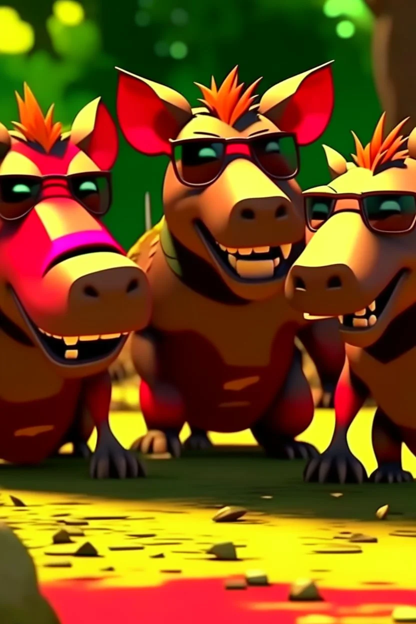 Close-up animation of a mischievous group of wild warthogs wearing sunglasses and attempting to breakdance in a comical fashion.