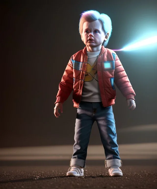 Marty mcfly toddler, full body, delorean, dramatic lighting, hyper realistic