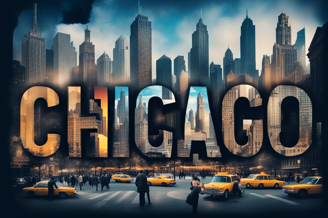 Prompt : A striking high-contrast, cinematic photo-style vertical collage that captures the essence of the City. Each letter of "CHICAGO" is represented by a dynamic and vibrant scene, with different iconic landmarks and moments in time. Grand buildings and Parks dominate the background, while smaller scenes such as bustling street life, yellow taxis, and people performing various activities fill the foreground. The overall mood is energetic and lively, with an emphasis on the vibrant spirit of
