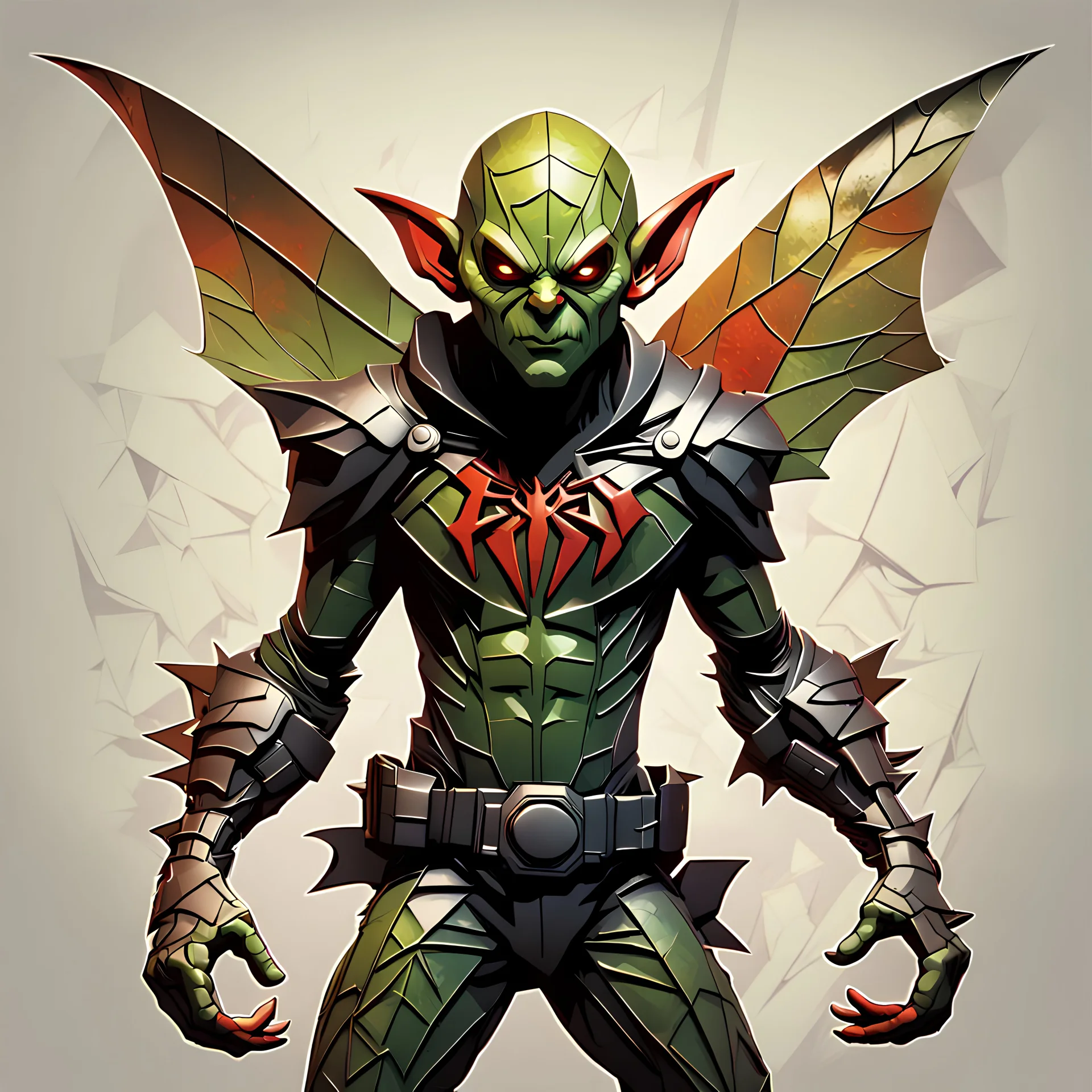 the goblin from spider man, abstract, beautiful digital artwork, dren from splice, helghast, in the style of many detail metal ciberpank fucher leaf overlay, criterion collection, full body shot, light colored background, romantic illustration's, bamileke art ,3d art