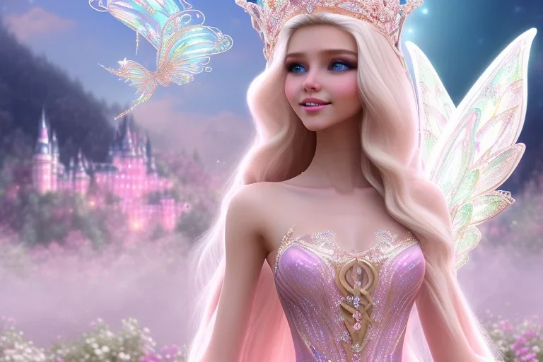 castle in background, beautiful, soft, big smiling, straight and long blonde hair, dewy and shiny atmosphere, diamond crown, long fairy wings in the back, full head, pink veil clothes