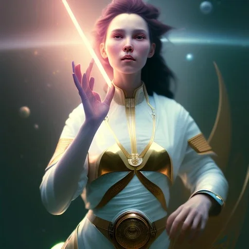 A woman drinking a cup of cosmic energy bright light, illustration by Ruan Jia and Mandy Jurgens and William-Adolphe Bouguereau, Artgerm, 4k, digital art, surreal, anime style, space dandy style, highly detailed, godsend, artstation, digital painting, concept art, smooth, sharp focus, illustration by Ruan Jia and Mandy Jurgens and William-Adolphe Bouguereau, Artgerm