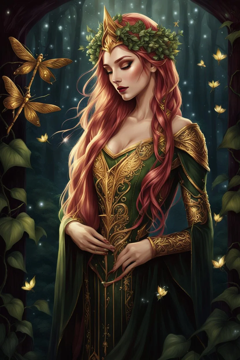 Burgundy hair, dark hair,dark red , rapunzel hair,very long hair,dark fairy princess,elven crown,night,dragonflies,beautiful,ong ashes,golden armor ,sparkle,night blooming,ivy,dark green,lilly of valley,golden elven crown,elven warrior,dark gold armor