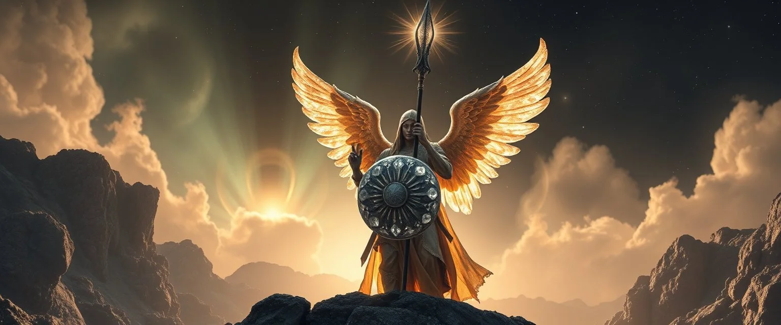 beyond ancient angel soldier holding up a radiant Painite spear seen through sears crystal rosette ball