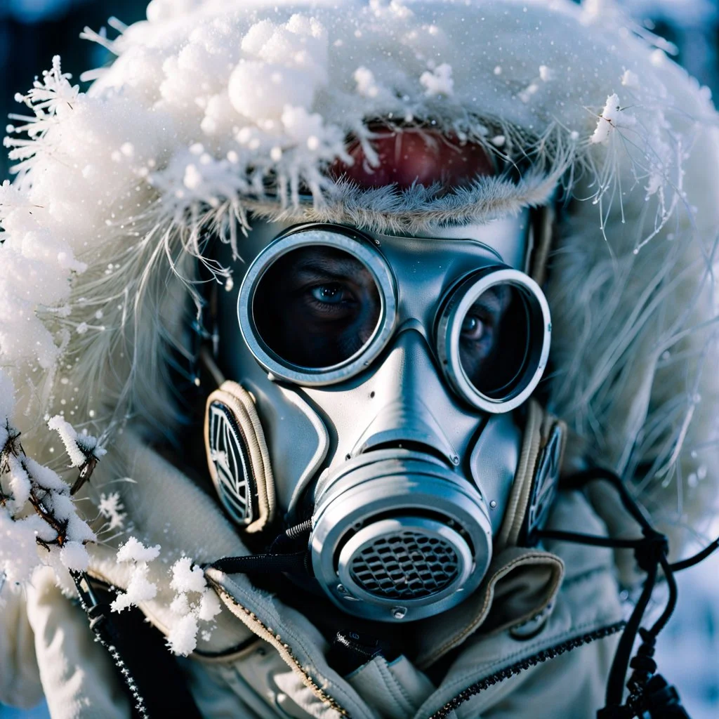 close up documentary photography, Yeti In a Respirator, Dystopian, Japanese, Extreme depth of field, bokeh blur, winter, blizzard, Alberta, all-natural, in the style of candid, imperfection, natural lighting, light-focused, Professional shot, shot on Agfa, Fuji Film, Anamorphic lens, 1980s, taken with Hasselblad --ar 4:5 --w 150 --style raw