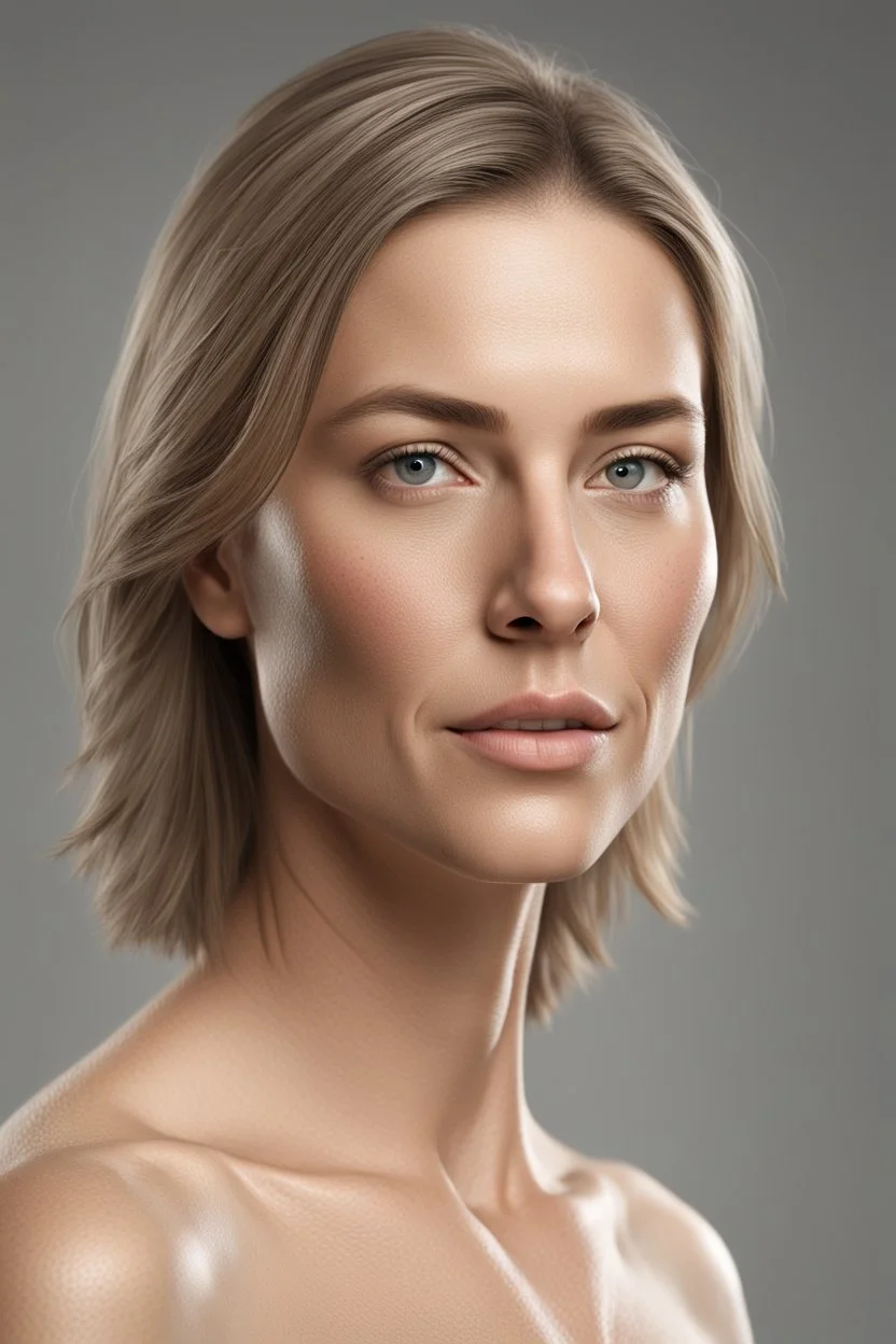 realistic, (39yr old female)without makeup, Caucasian beautiful face, angled head position, dark hair, studio lighting, cinematic light, beautiful woman, milk beige middle hair, perfect anatomy, on white background, 8k Resolution, highly detailed, non-symmetrical body a, detailed hairstyles and skin texture