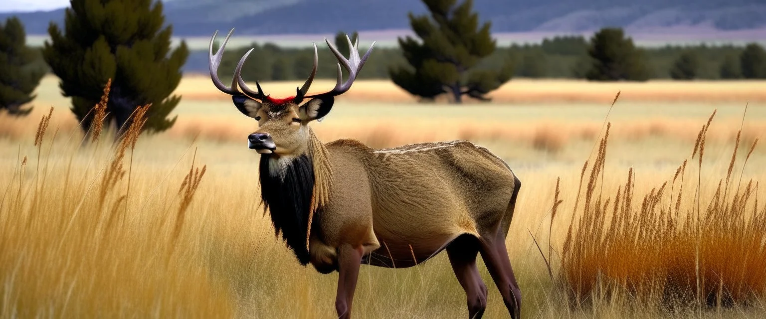 regal pose of Elk in a prairie field, wild grasses and bushes in corners of foreground