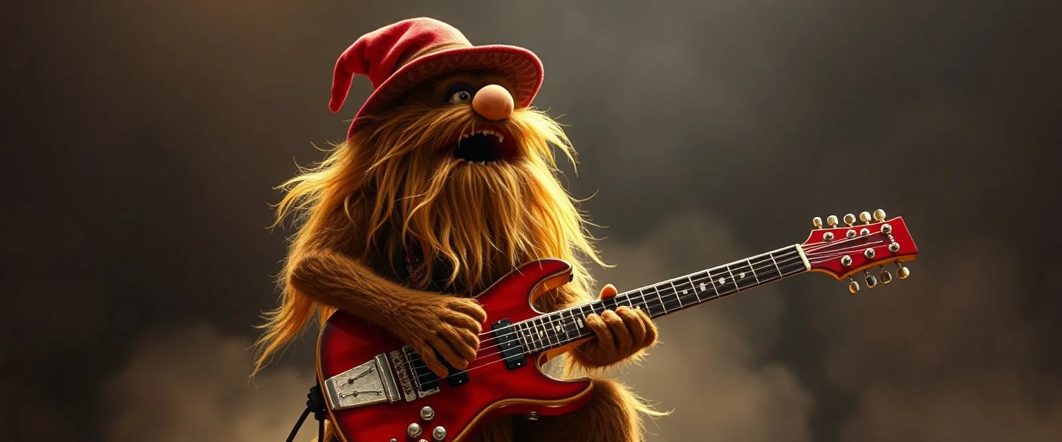 masterfully Gnoll muppet playing on one huge enourmous big guitar, howling some blues notes