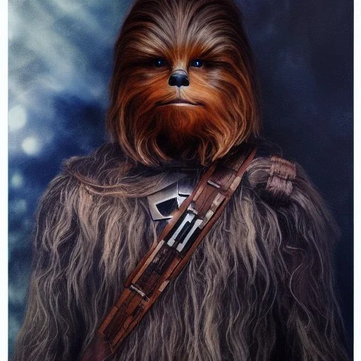 photorealistic and intricate portrait of chewbacca in star wars by agnes cecile, wearing beskar armor, deep dark colors, hyperdetailed, 32K, oil on canvas,