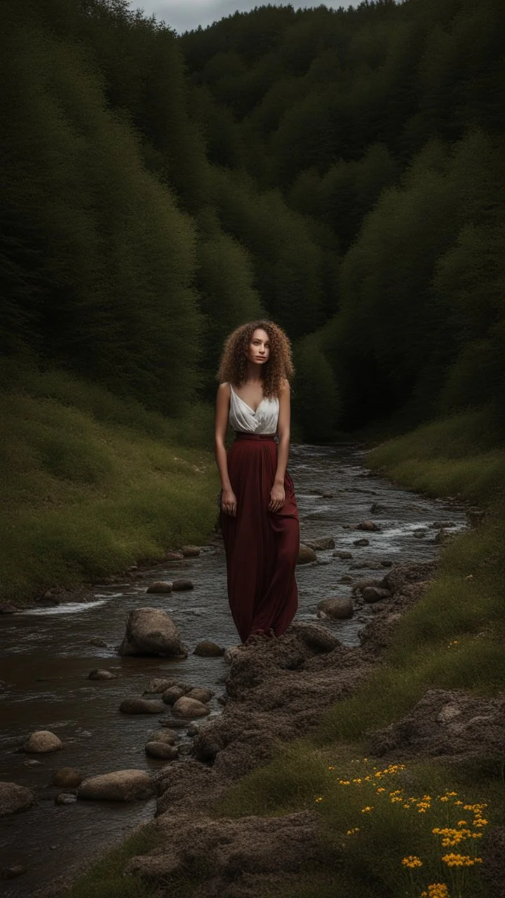 full body shot of a very beautiful lady curly hair, walks in the country side with a narrow river with clean water and nice rocks on floor. The trees and wild flowers .