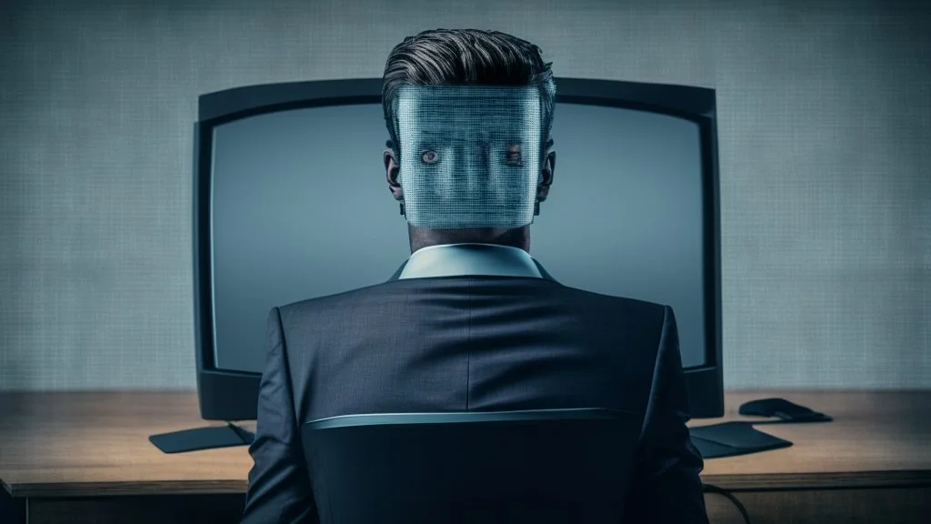 man in suit, with monitor as head,