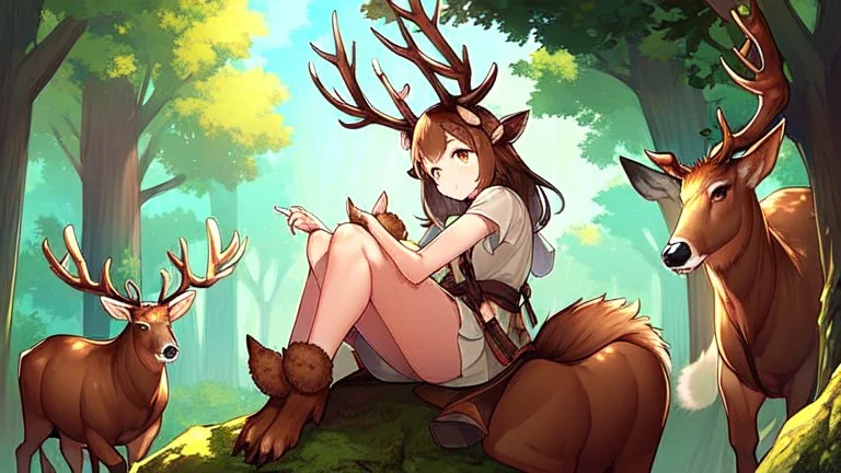 One Girl, forest, sit , deer hoof foot, brown hair,, deer face, deer tail, deer hoof hand