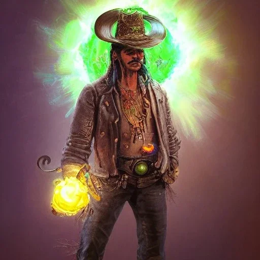 Insanely detailed photograph of an “ a mustachioed midevil cowboy warrior "with worn Sombrero, handsome charo,cigar,glowing bluish green orb in outstretched hand, hyperdetailed painting by Ismail Inceoglu Huang Guangjian and Dan Witz CGSociety ZBrush Central fantasy art album cover art,8K, hdr, mysterious, flickeringlights ,Stoic