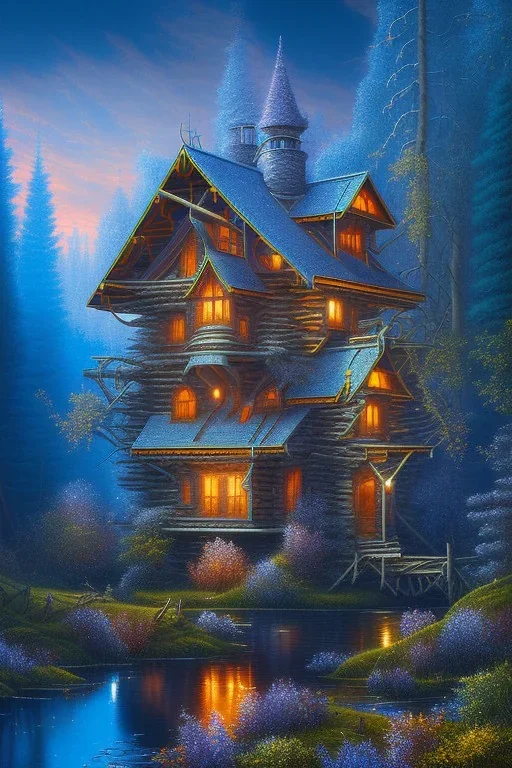 sharp focus, romanticism, mystical forest, wooden cabin, Neo-Impressionism, mystical, purple blue yellow silver teal black olive azure, red, pink, brown,