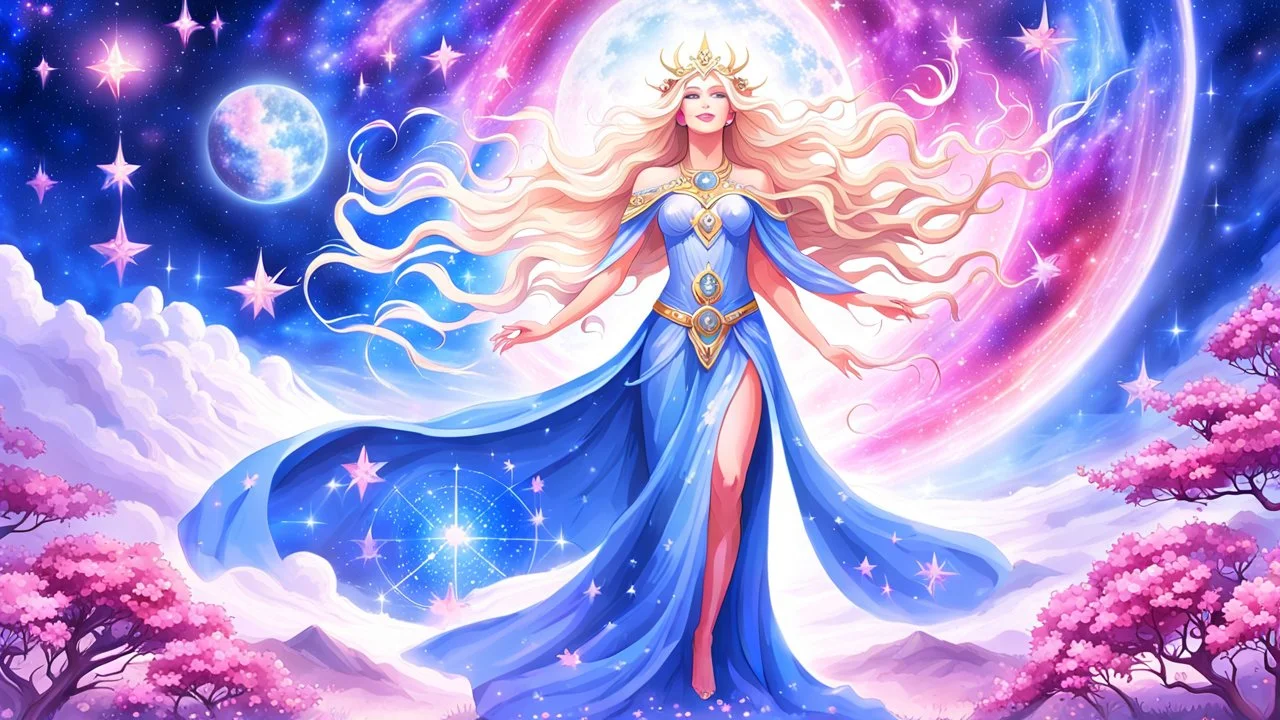 Create an image of a full body cosmic goddess. the goddess should be depicted as a beautiful and powerful figure, surrounded by cosmic stars. her hair should be long, blond and flowing, and she should be dressed in a flowing gown blue celestial robe. in the background, include imagery of pink flowers, blue sky, trees. the image should evoke a sense of joy, celebration, and spiritual connection to nature.