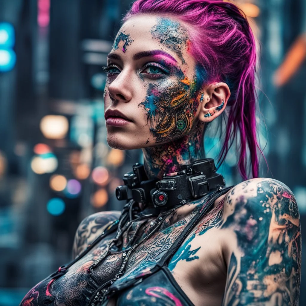 stunningly beautiful cyberpunk bio mechanical girl, white background ,paint splashes, full vibrant colours, half body picture, photo realistic, heavily tattooed, tattoo art , cyberpunk, acrylic, high contrast, stunning eyes, street art, acrylic, high contrast, colourful polychromatic, ultra detailed, ultra quality, -- stunning realism, Professional photography, bokeh, natural lighting, canon lens, shot on dslr 64 megapixels sharp focus