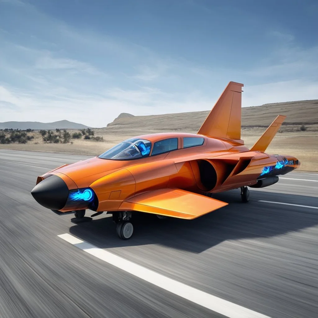 award winning car and driver photograph of a futuristic station wagon fighter-jet genetic-splice designed by only one vehicle per image painted metallic orange traveling at a high rate of speed, jet intake off of front center of vehicle and jet exhaust out the rear with bright blue flames painted on the hod and front quarter panels, bilaterally symetrical, more a high speed road vehicle