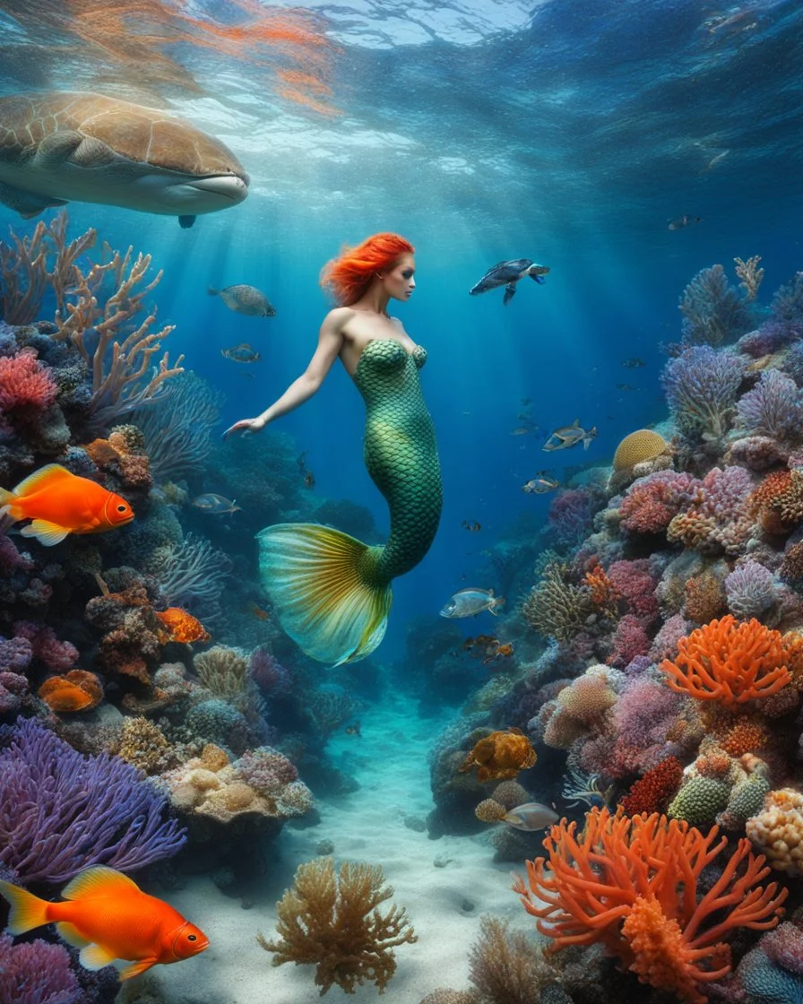 Beautiful Mermaid in An underwater scene teeming with colorful coral, busy clownfish, and gentle sea turtle