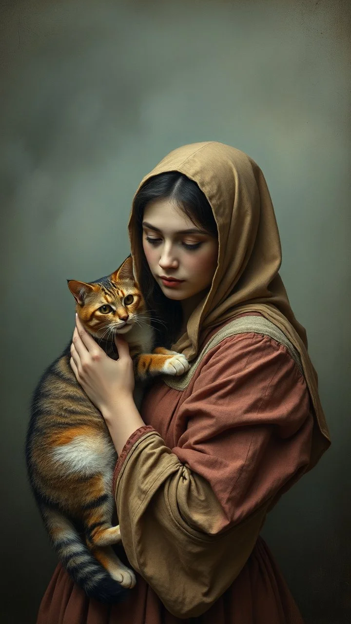 Hieronymus Bosch and Van Gogh styles , a woman holding her one cat looking at you In foggy smoky background