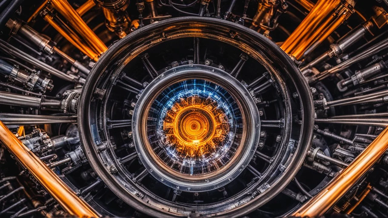 Award-winning colour photograph, amazing view inside the combustion chamber of an internal combustion engine while the engine is running.