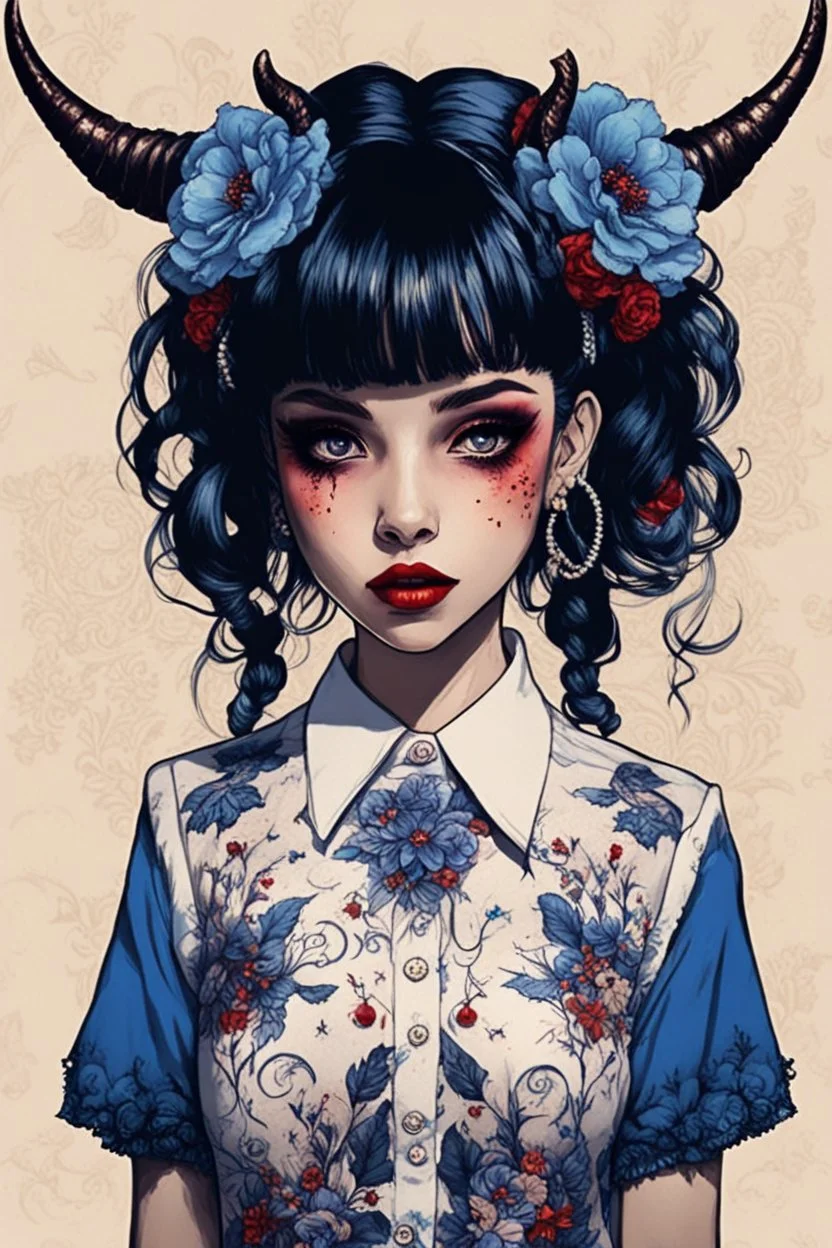 wears a smart shirt which is embroidered with bluered flowers and ornaments, has dark eyes and horns,Poster in two gradually, a one side malevolent goth vampire girl face and other side the Singer Melanie Martinez face, full body, painting by Yoji Shinkawa, darkblue and sepia tones, 90's movie , un pixel art , for a retro gaming 2D style,