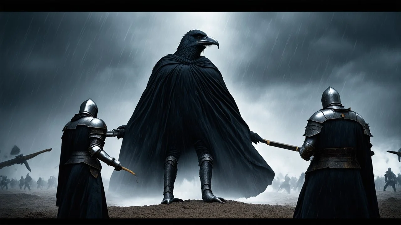 Surreal and dark scene with a large ominous bird-like figure wearing a black cloak and plague doctor mask in the middle, side view, up in the sky in a hurricane and looking down, where two armored knights are fighting in the foreground of the battlefield