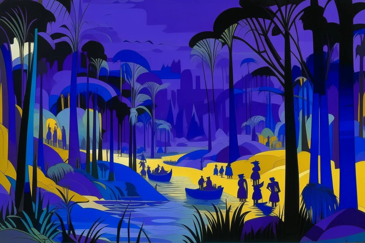 A purple jungle with a toxic river designed in ancient Egyptian hieroglyphics painted by Lyonel Charles Feininger