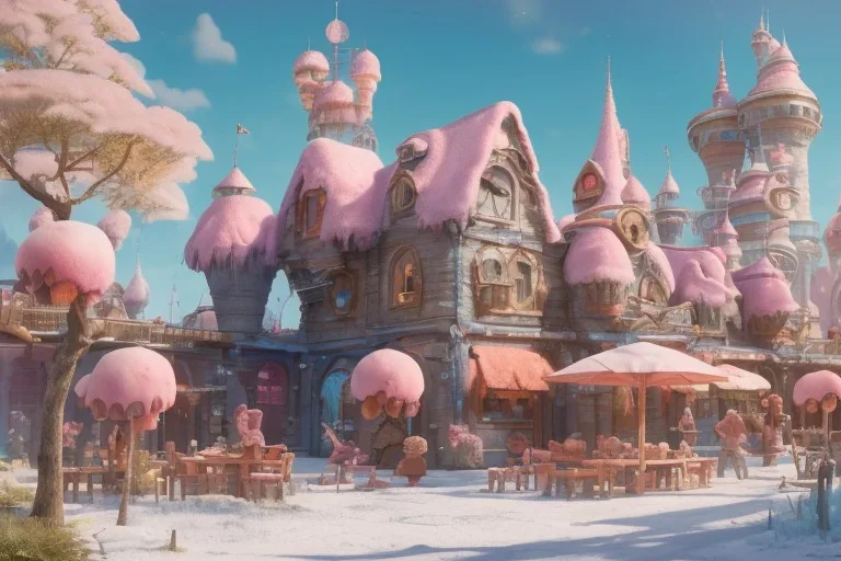 a fairy tale style ice cream factory，full of details, matte painting, concept art, smooth, bright sunshine，by cory loftis and evgeny lushpin and wlop，soft light atmosphere，trending on cgsociety and blender unreal engine，8k, hdr，light effect，rtx on，-h 768