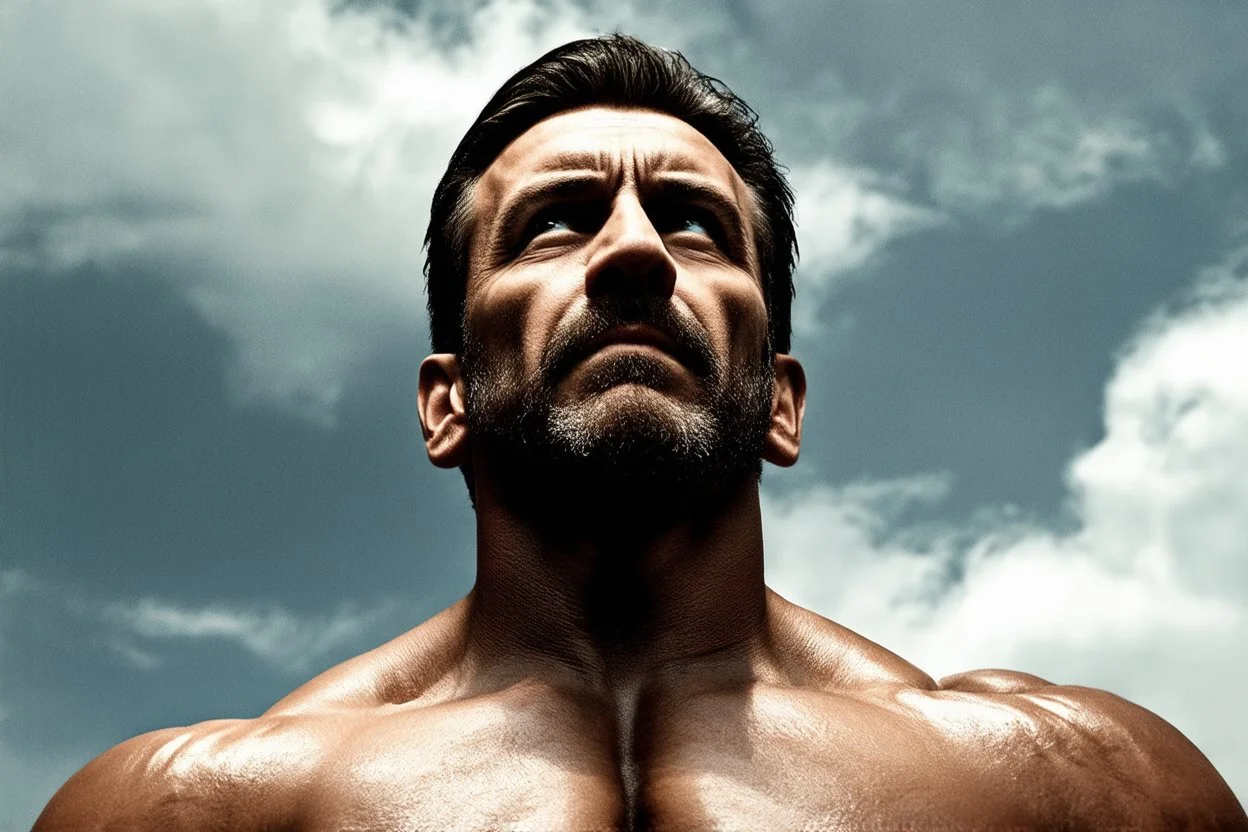 a muscular man who looks like Hans Gruber looks upward at a cloudy sky, film noir