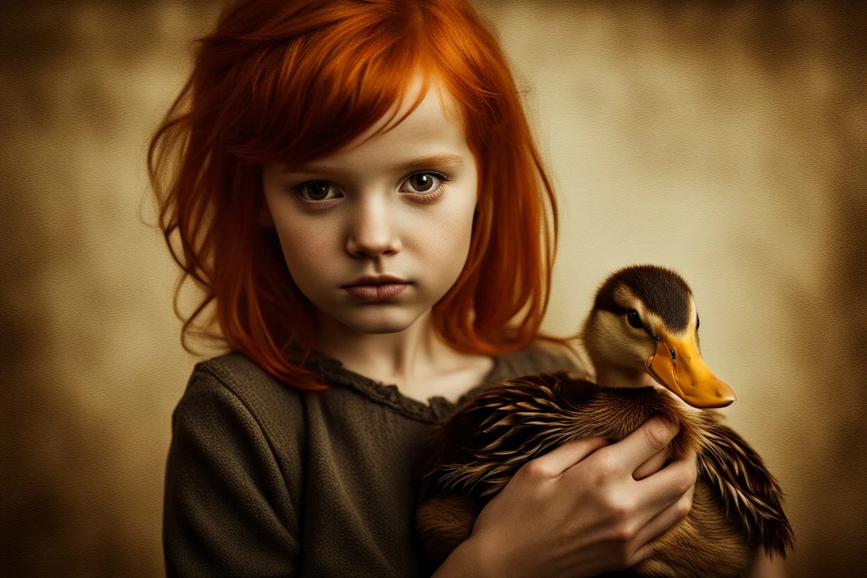 Beautiful golden red hair girl holding duck portrait in ochre, moody, somber, desaturated colors