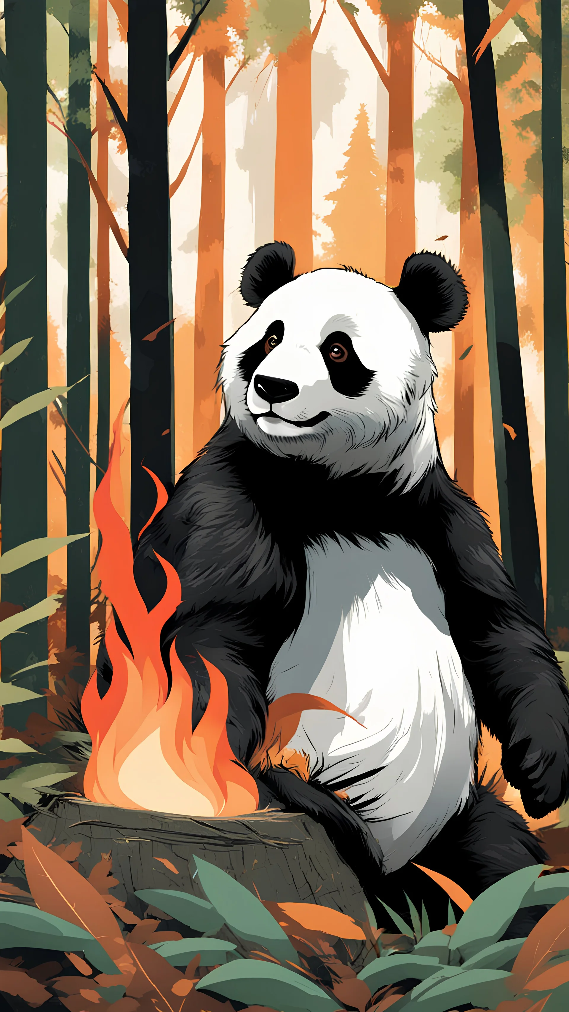 A Panda in the Forrest , in His eyes mirroring a fire