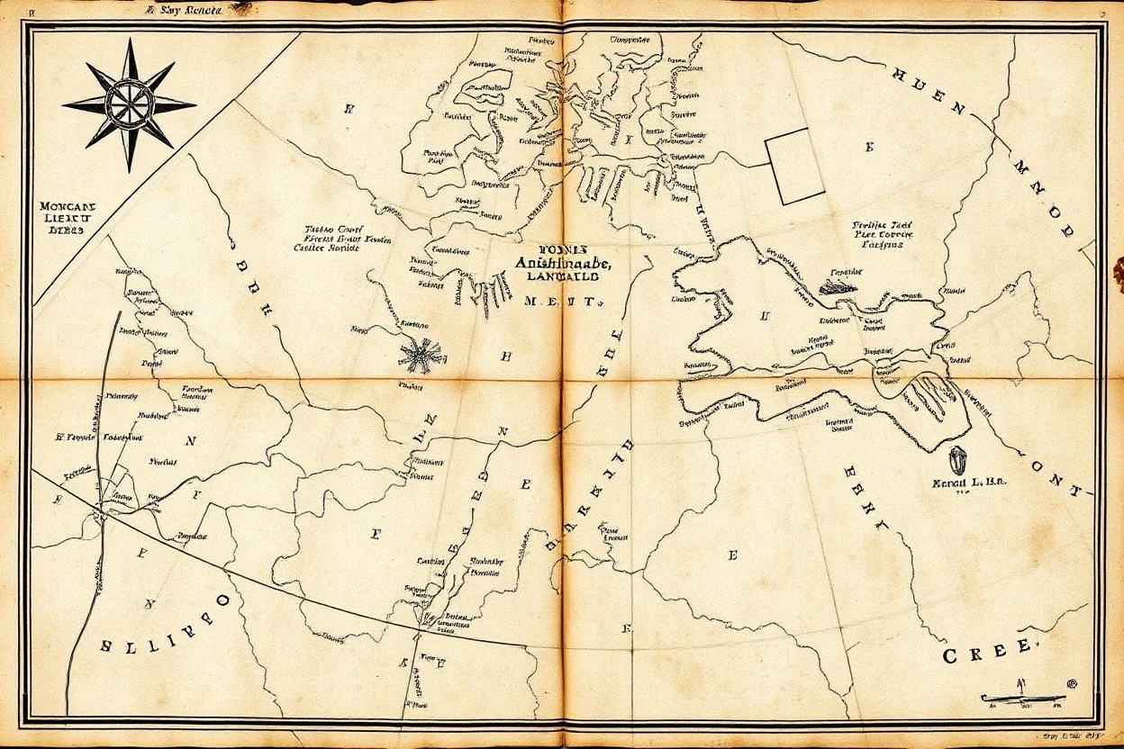 a scan of an ancient Cree Anishinaabe map, printed black and white but has since been stained and weathered