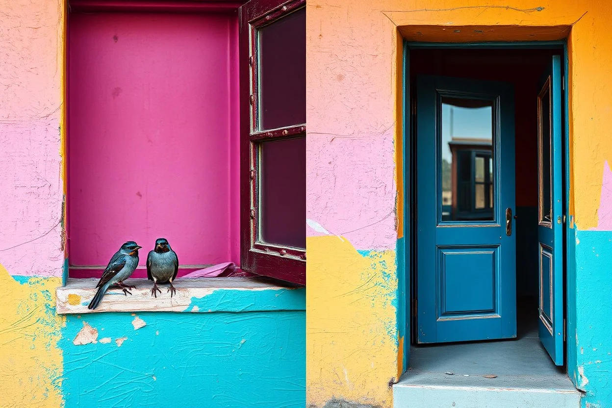 there are two birds sitting on a ledge next to a window, colorful mural on chipped walls, by Saurabh Jethani, photomanipulation, pink and yellow, by Liza Donnelly, diptych, eye catching composition, open window, open door, double exposure, double entendre, dramatic, dynamic, whizz dynamics, liminal vibe, amazing reflections, great contrasts, excellent verticals, perfect parallels, orange tint, socinlars vibe